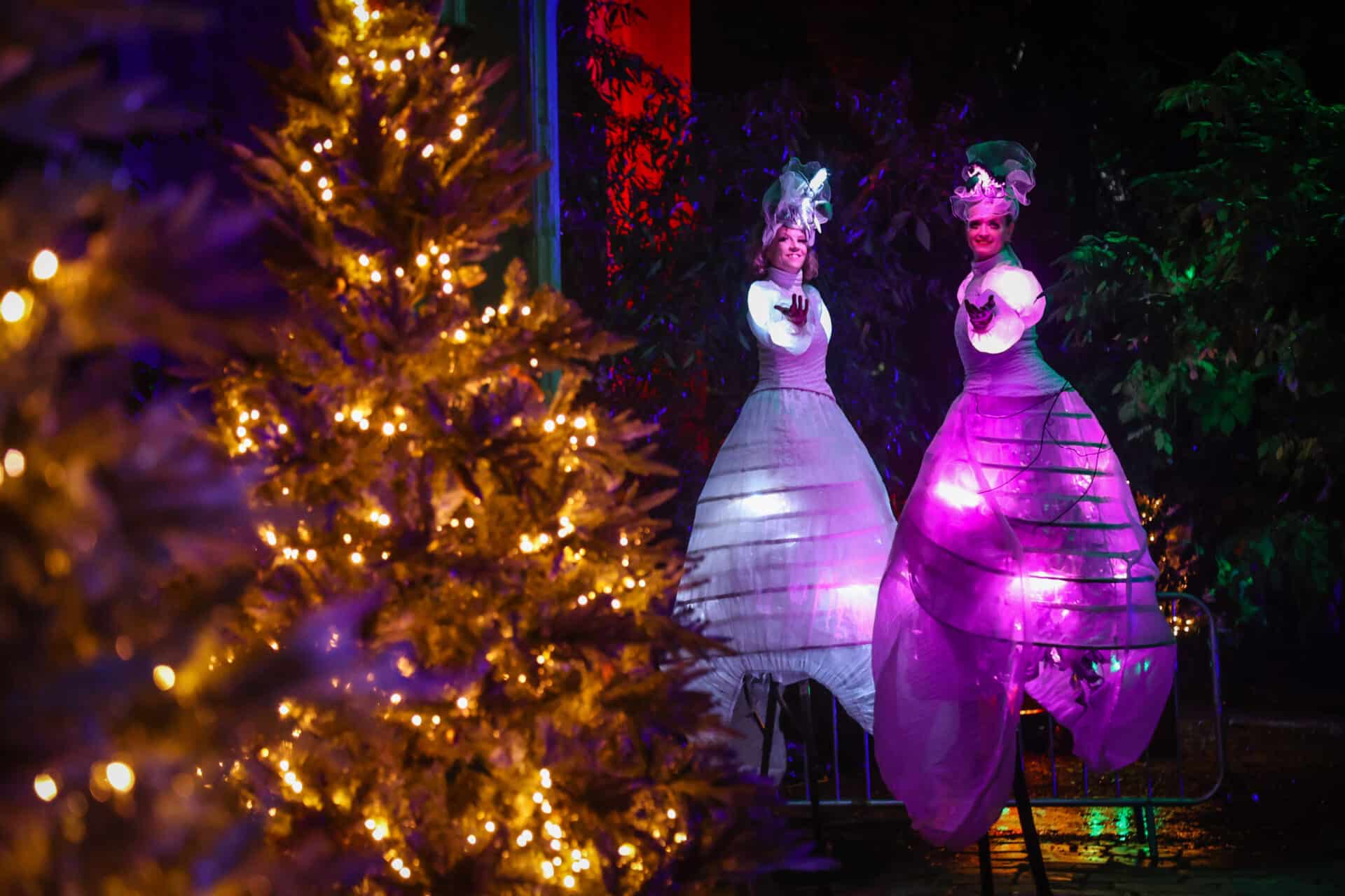 Two ladies walk on stilts dressed in colour changing, light up dresses