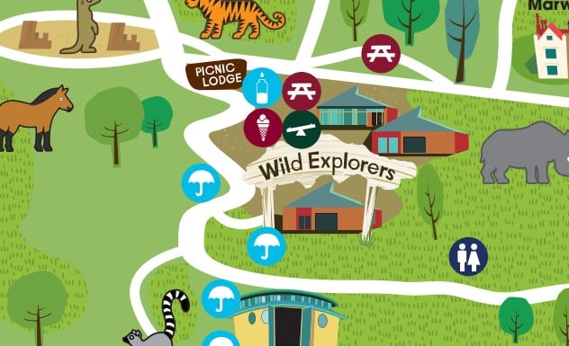 A section of Marwell Zoo's park map showing dry areas with umbrella icons