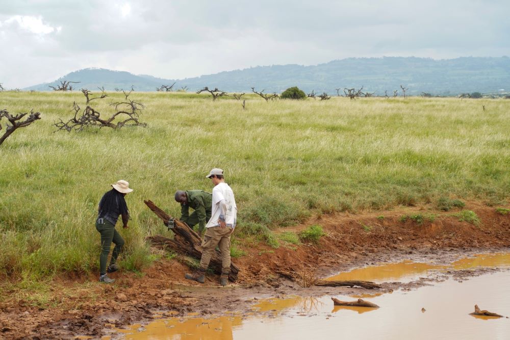 Marwell Wildlife Mres conservation Students at Lewa conservancy, Kenya putting out camera traps with Lewa conservationists at a watering hole