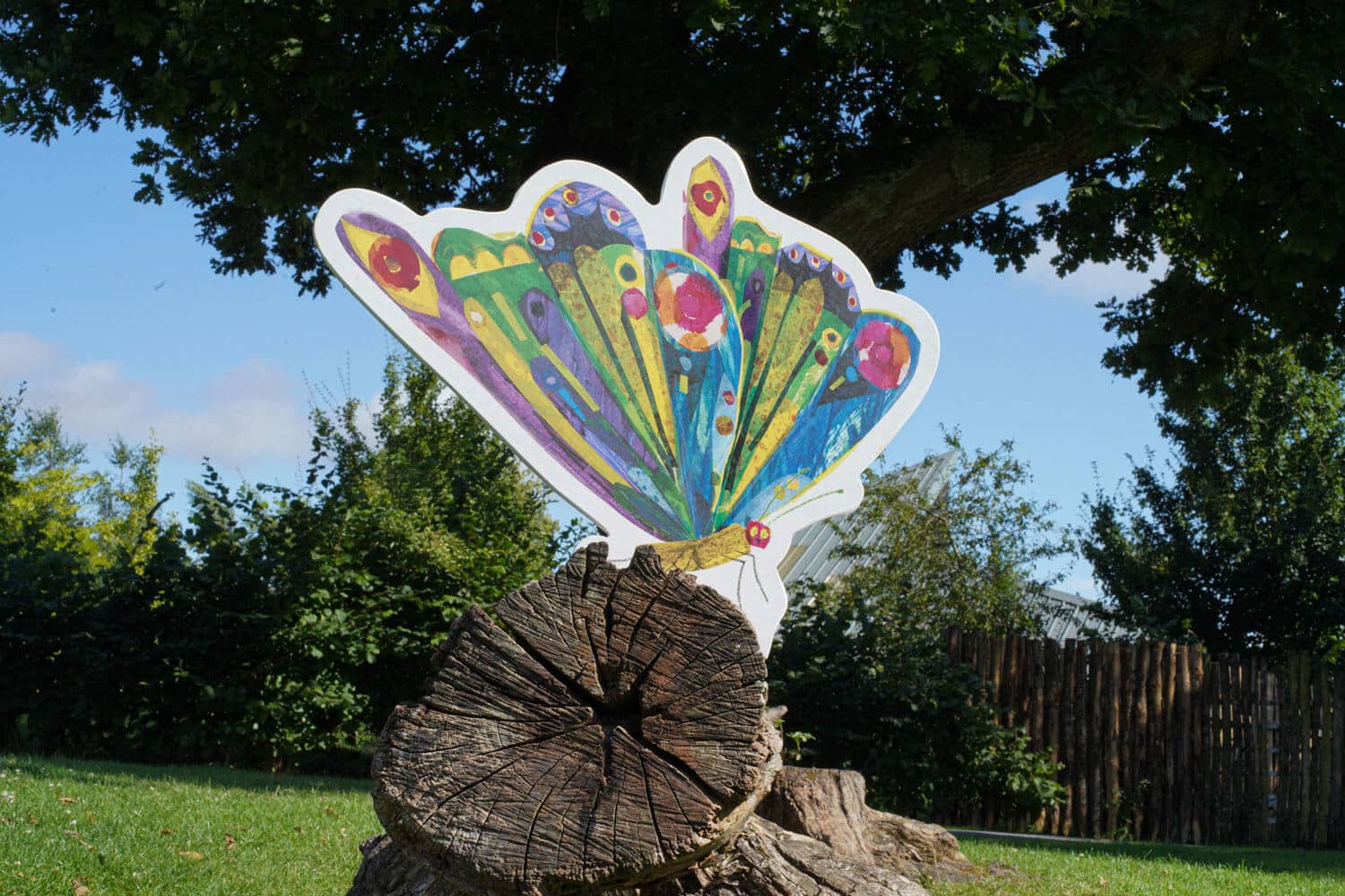 Large 3D butterfly on a log, part of The Very Hungry Caterpillar Trail at Marwell Zoo