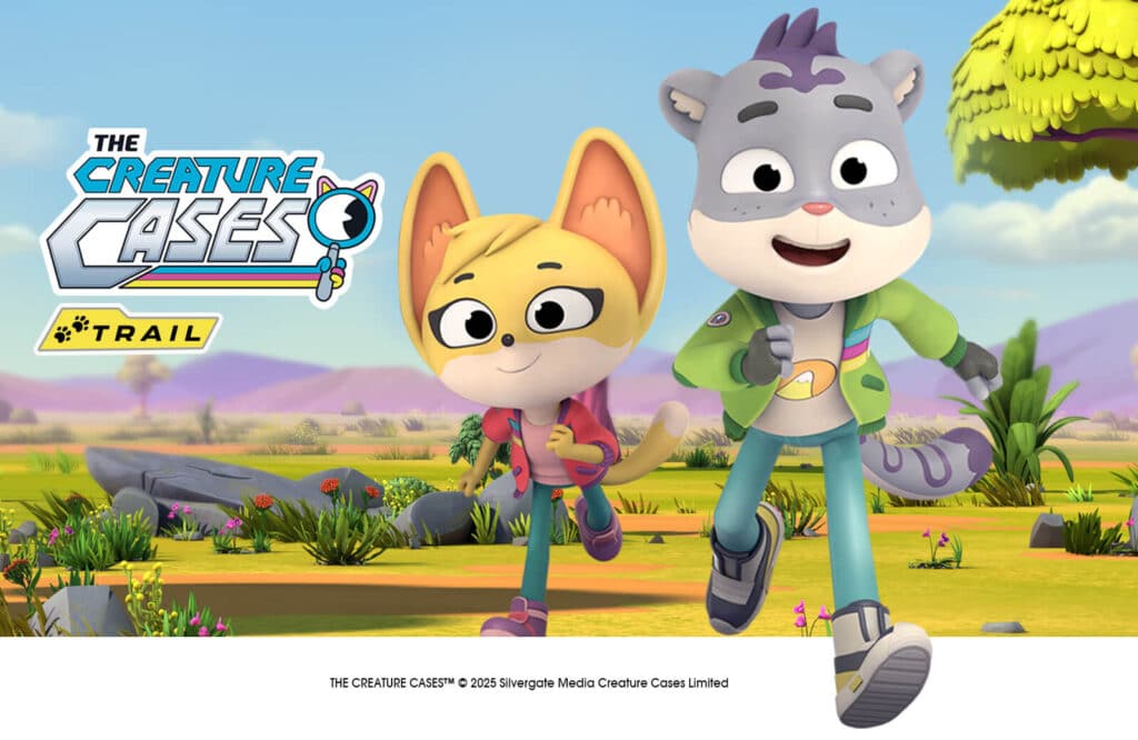 Agents Kit Casey and Sam Snow from The Creature Cases run towards us, with a background of trees, rocks and mountains