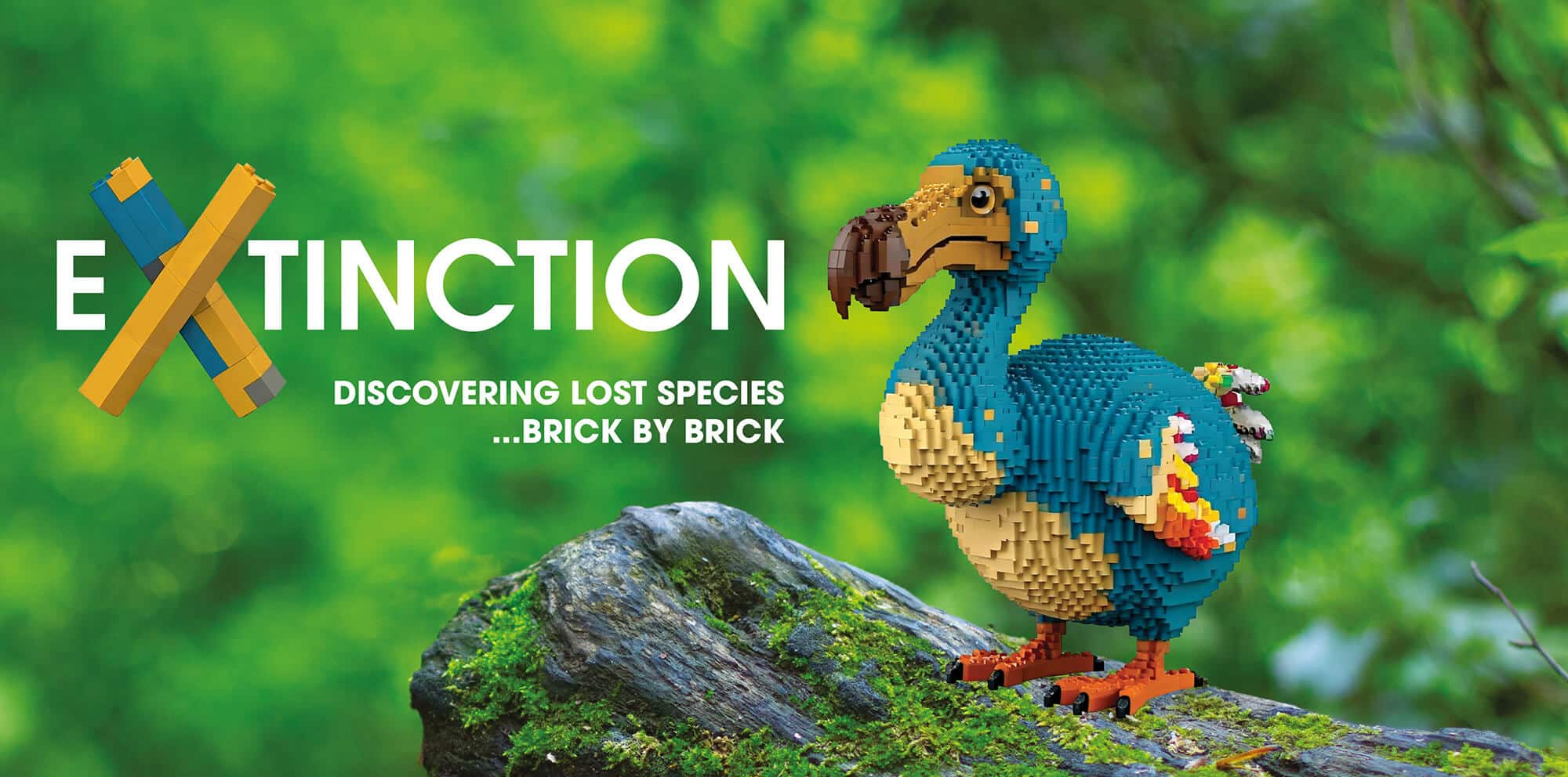 A dodo made out of toy bricks on a rock, with the wording: Extinction. Discovering lost species... brick by brick.