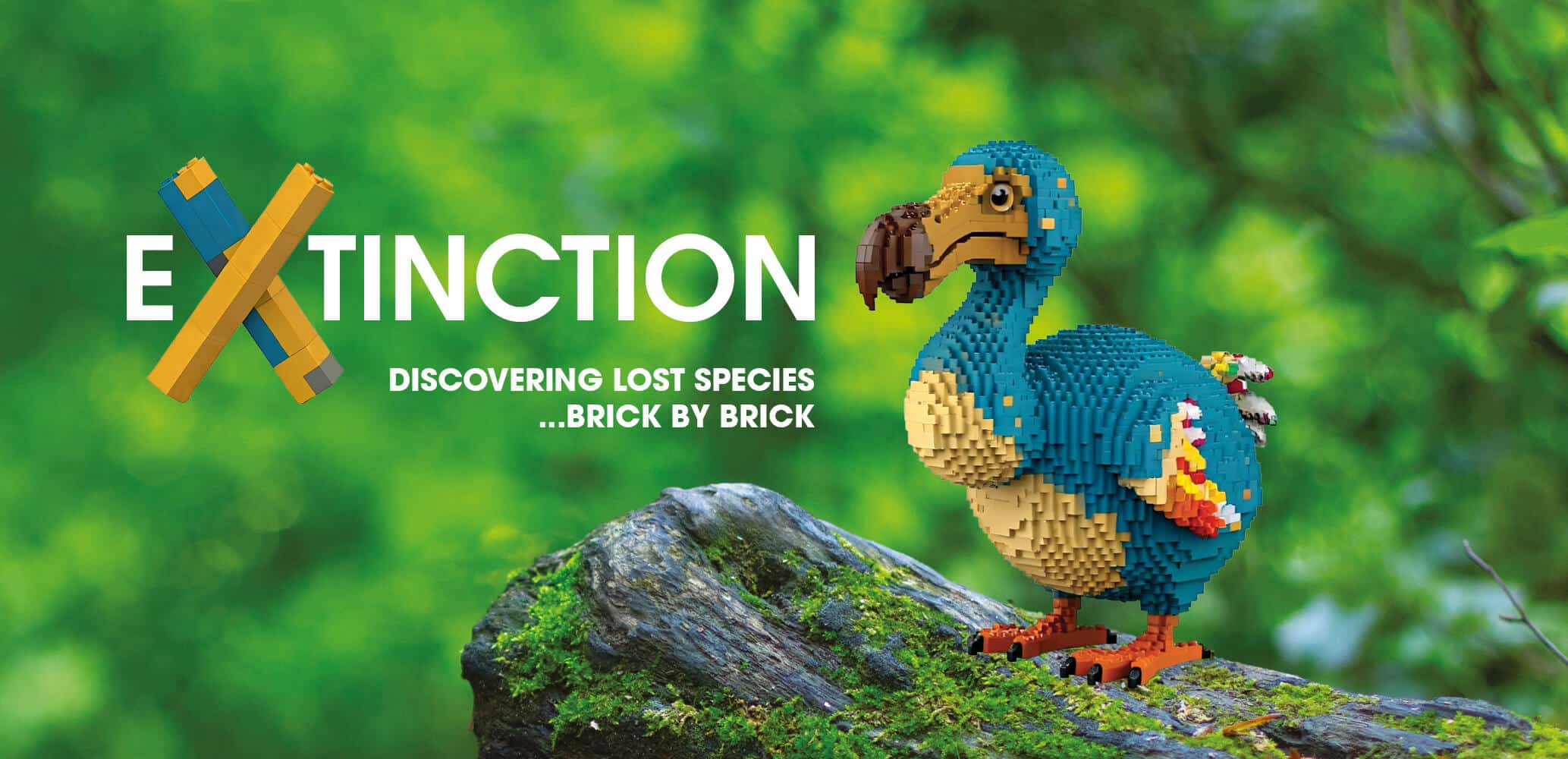 A dodo made out of toy bricks on a rock, with the wording: Extinction. Discovering lost species... brick by brick.