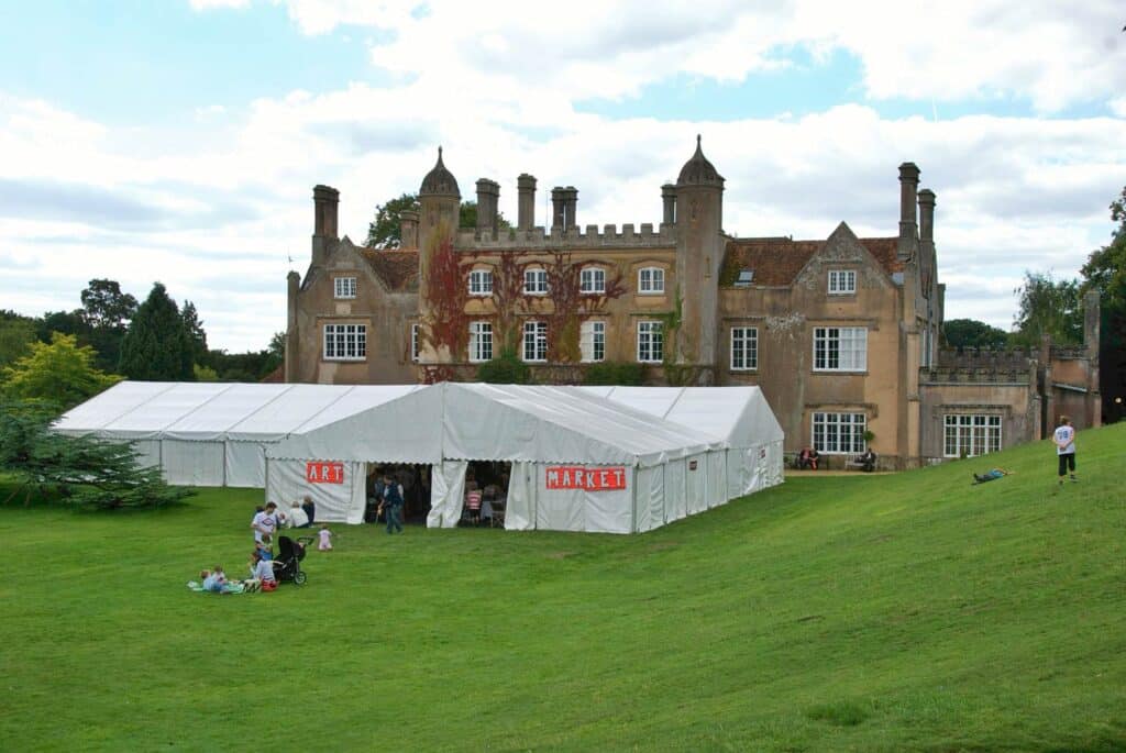The Art Market marquee outside Marwell Hall at the Wildlife Art Exhibition at Marwell Zoo