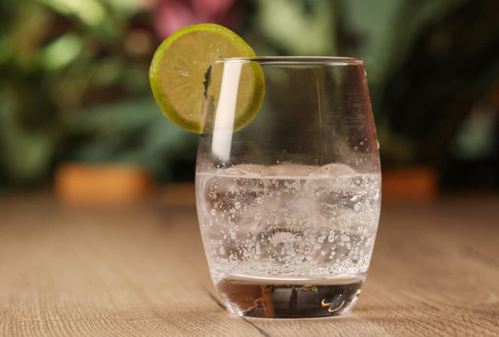 A glass of gin and tonic with a slice of lime at The Keeper's Kitchen