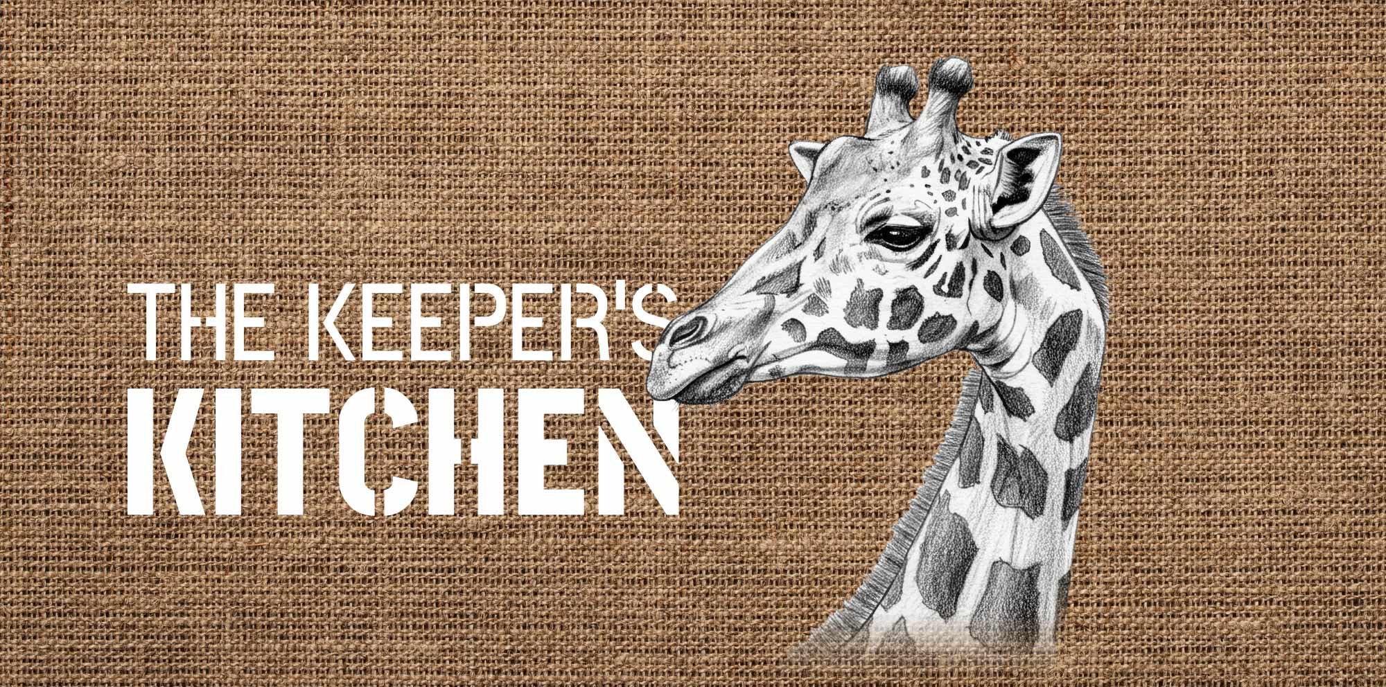 The Keeper's Kitchen logo and an illustration of a giraffe on a hessian background