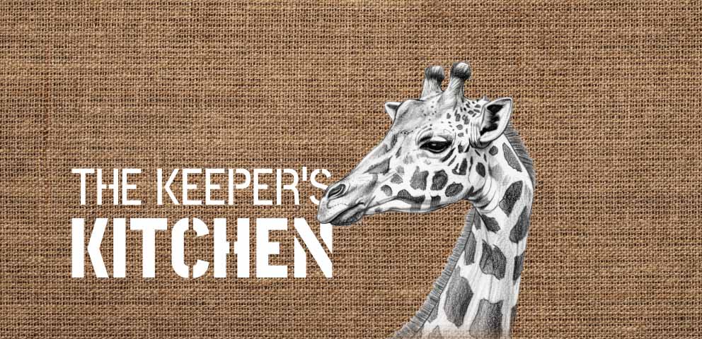 The Keeper's Kitchen logo and an illustration of a giraffe on a hessian background