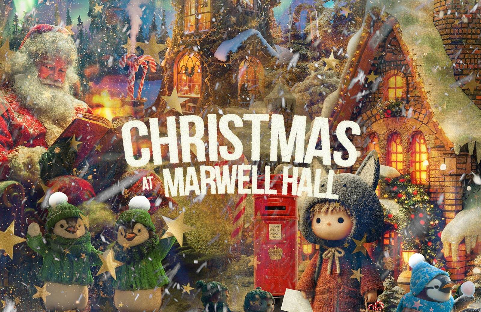 An illustrated festive image including Father Christmas and penguins in jumpers, with text saying Christmas at Marwell Hall