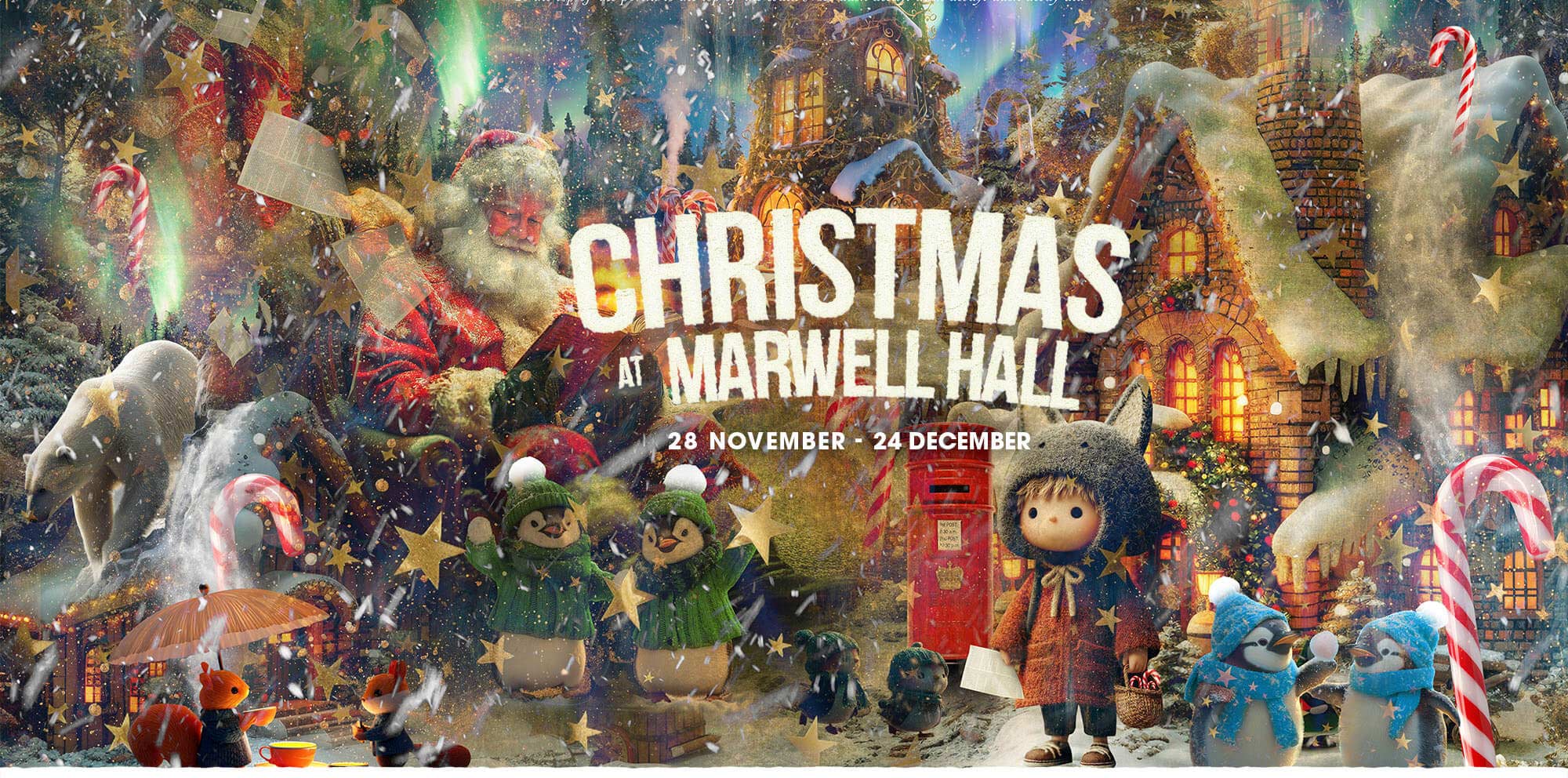 An illustrated festive image including Father Christmas and penguins in jumpers, with text saying Christmas at Marwell Hall