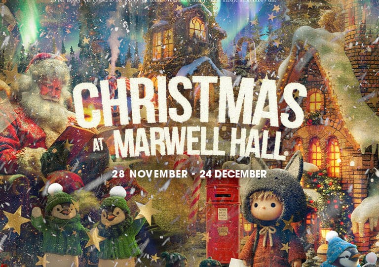 An illustrated festive image including Father Christmas and penguins in jumpers, with text saying Christmas at Marwell Hall