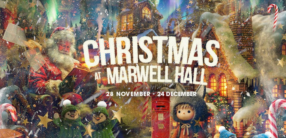 An illustrated festive image including Father Christmas and penguins in jumpers, with text saying Christmas at Marwell Hall