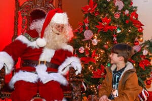 A boy smiles at Father Christmas in Marwell Zoo's grotto experience