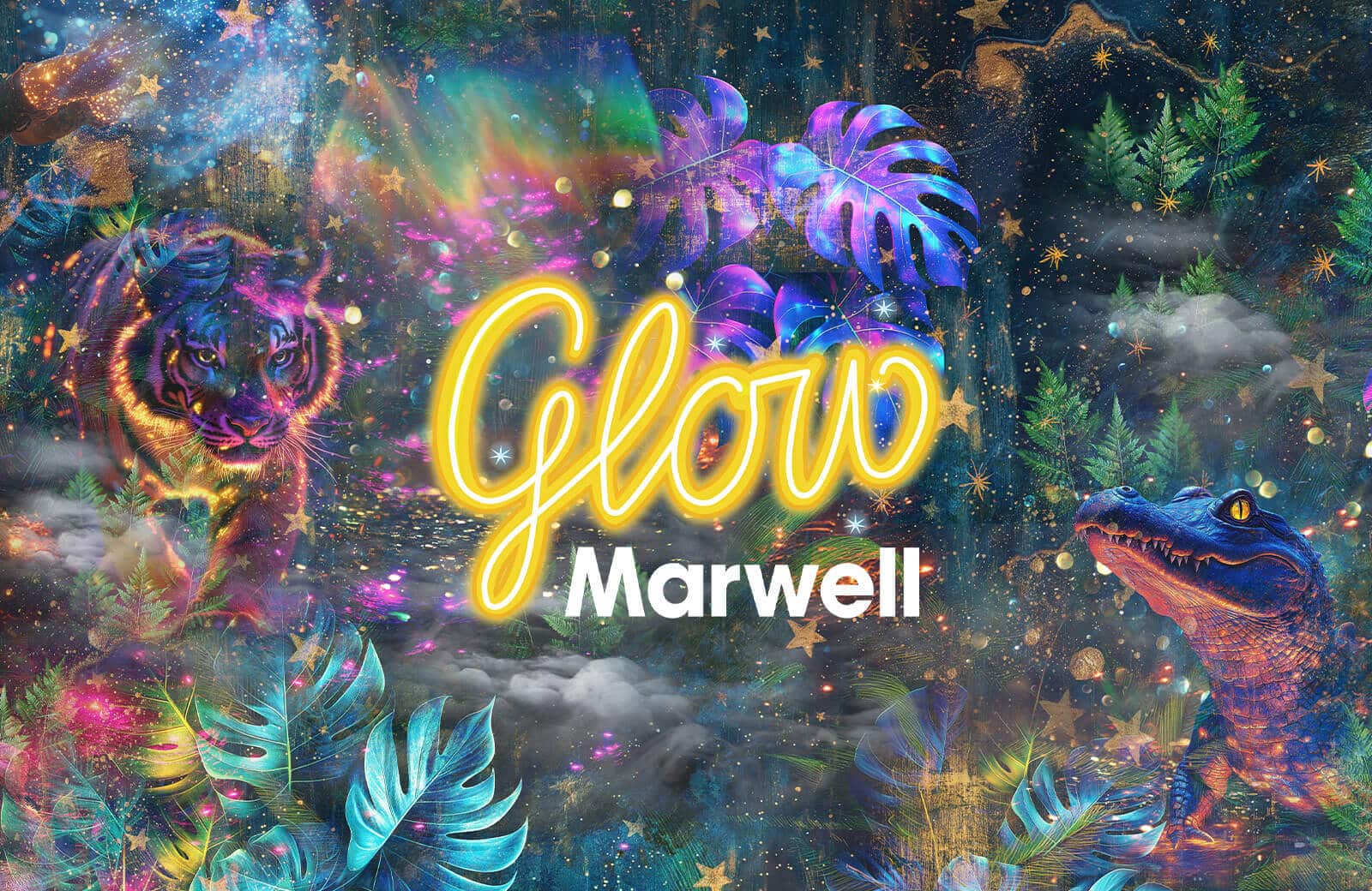 An illustration with glowing animals and plants, with text saying Glow Marwell