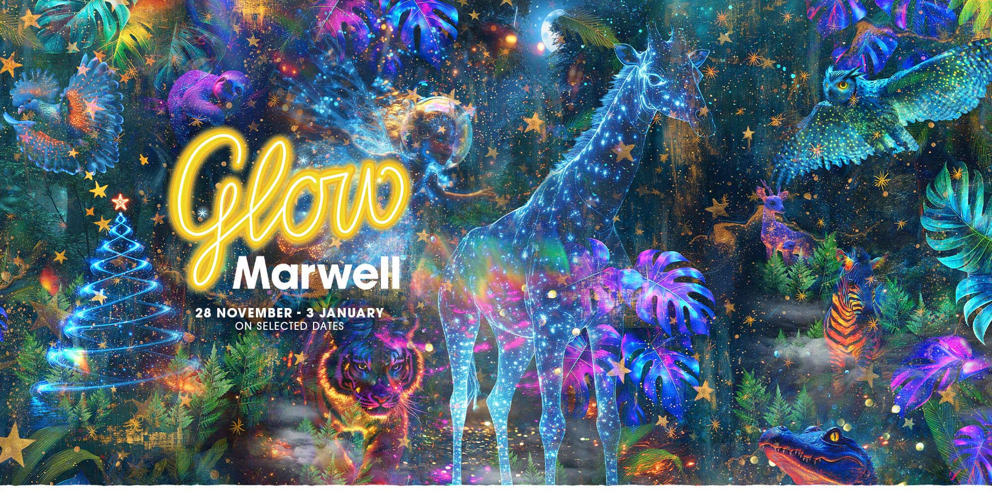 An illustration with glowing animals and plants, with text saying Glow Marwell