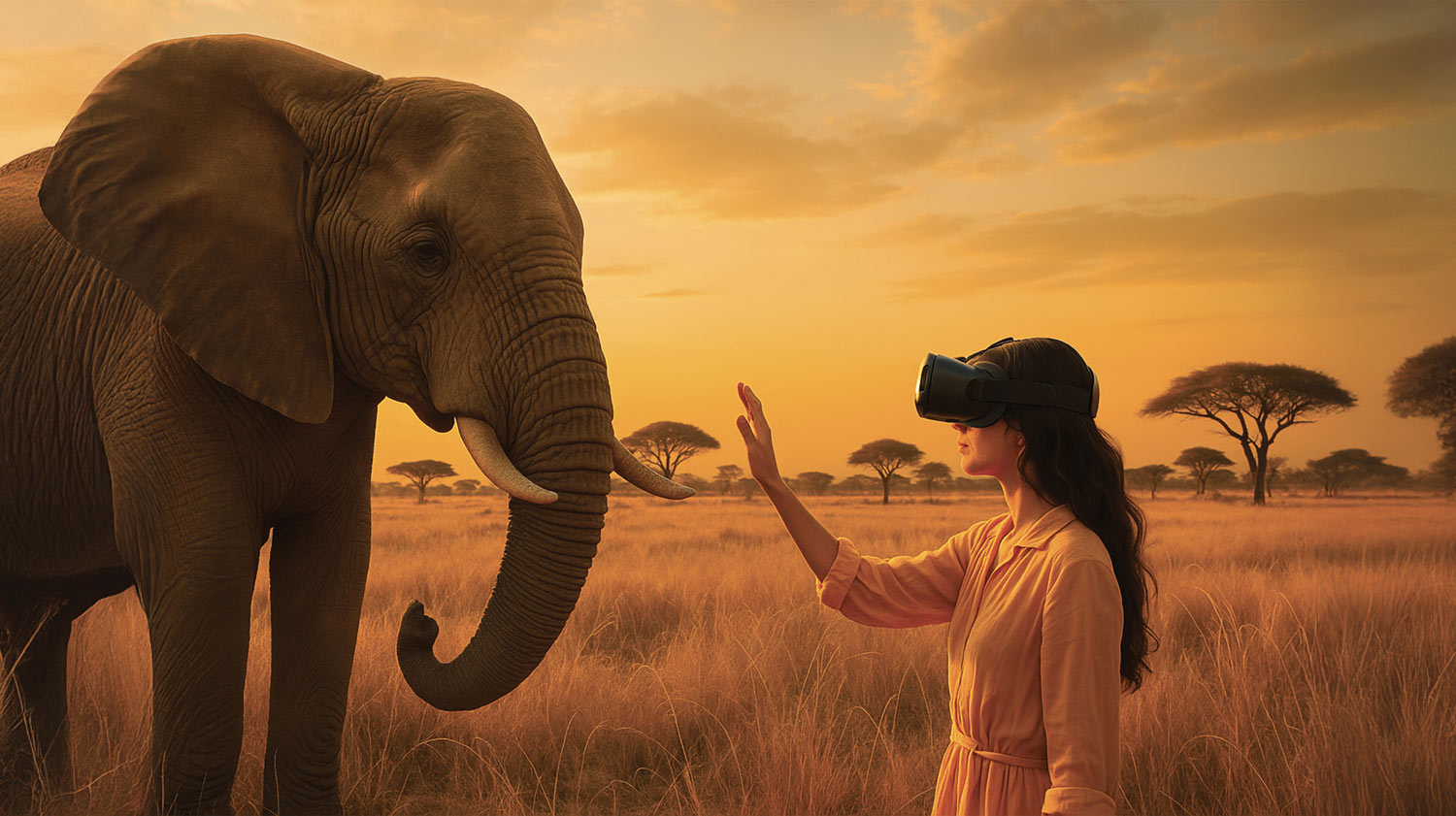 A woman with a VR headset on looks at an elephant during a Virtual Reality Experience at Marwell Zoo