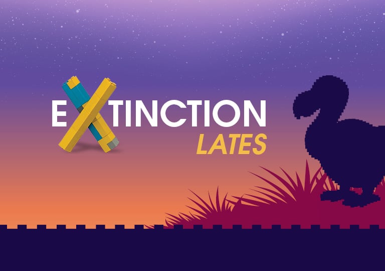 A sunset with a silhouette of a woolly mammoth and dodos with the words Extinction Lates