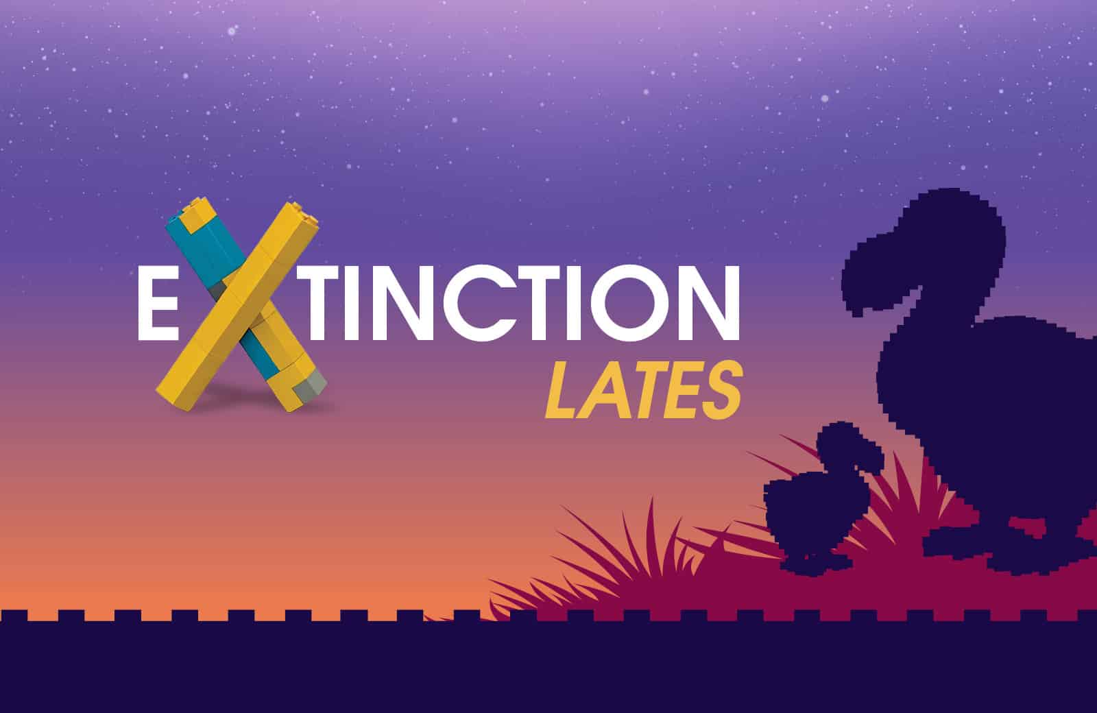 A sunset with a silhouette of a woolly mammoth and dodos with the words Extinction Lates