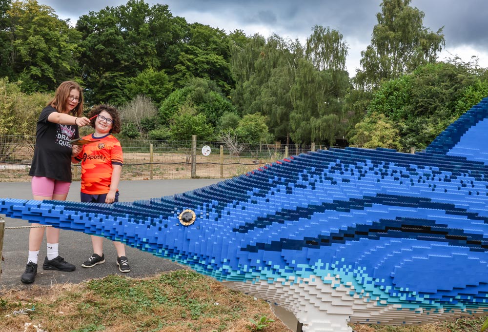 Two children point at an Ichthyosaur made of toy bricks at Marwell Zoo's Extinction brick event