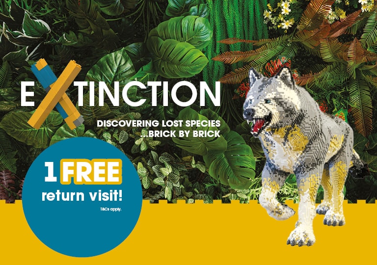 A dire wolf made out of toy bricks, with the wording: Extinction. Discovering lost species... brick by brick. 1 free return visit.