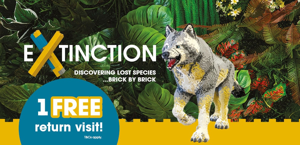 A dire wolf made out of toy bricks, with the wording: Extinction. Discovering lost species... brick by brick. 1 free return visit.