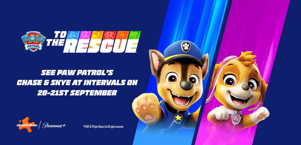 Paw Patrol's Chase and Sky, with wording 'See Paw Patrol's Chase & Skye at intervals at Marwell Zoo on 20-21st September'