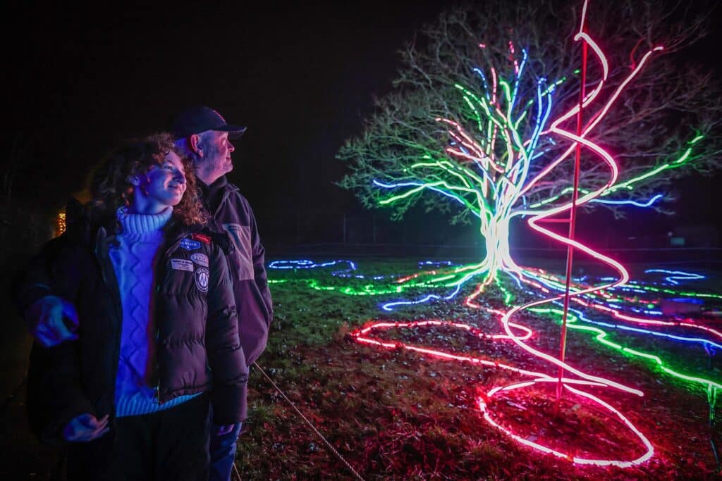 Two people look at a tree with coloured lights at the Glow Marwell winter light trail at Marwell Zoo