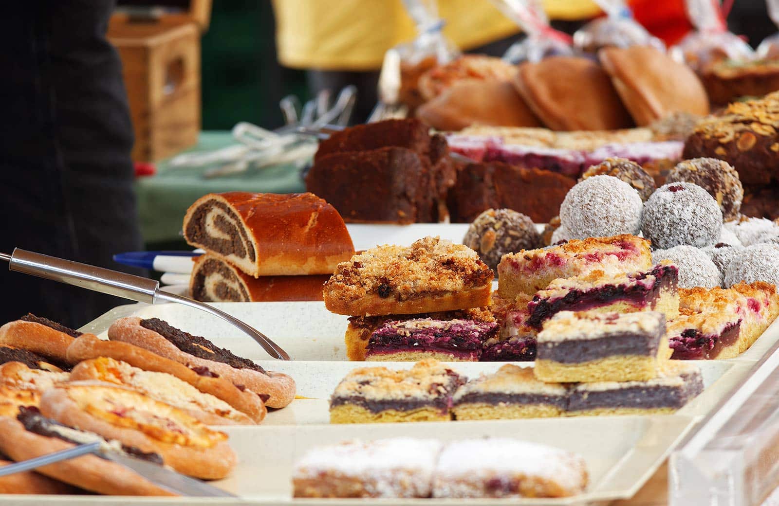 A stall at a Food Fayre market with sweet treats