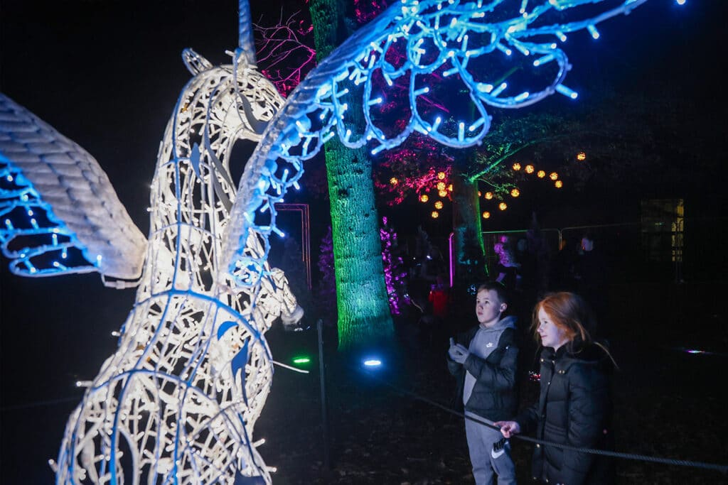 Two children look at an illuminated Pegasus at a winter event at Marwell Zoo