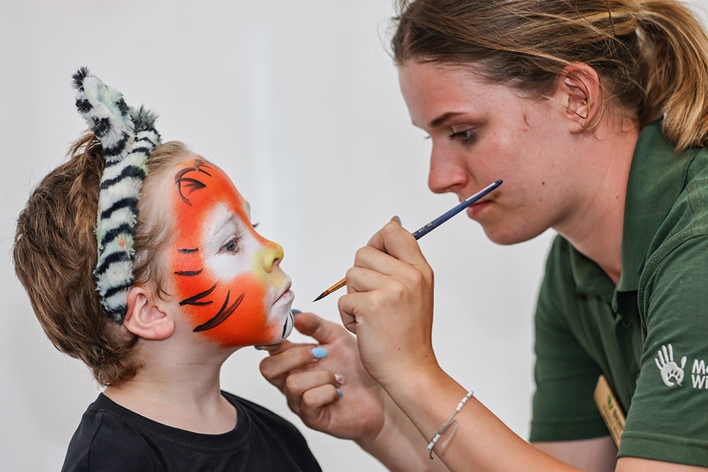 A Marwell Zoo team member paints a child's face as a tiger