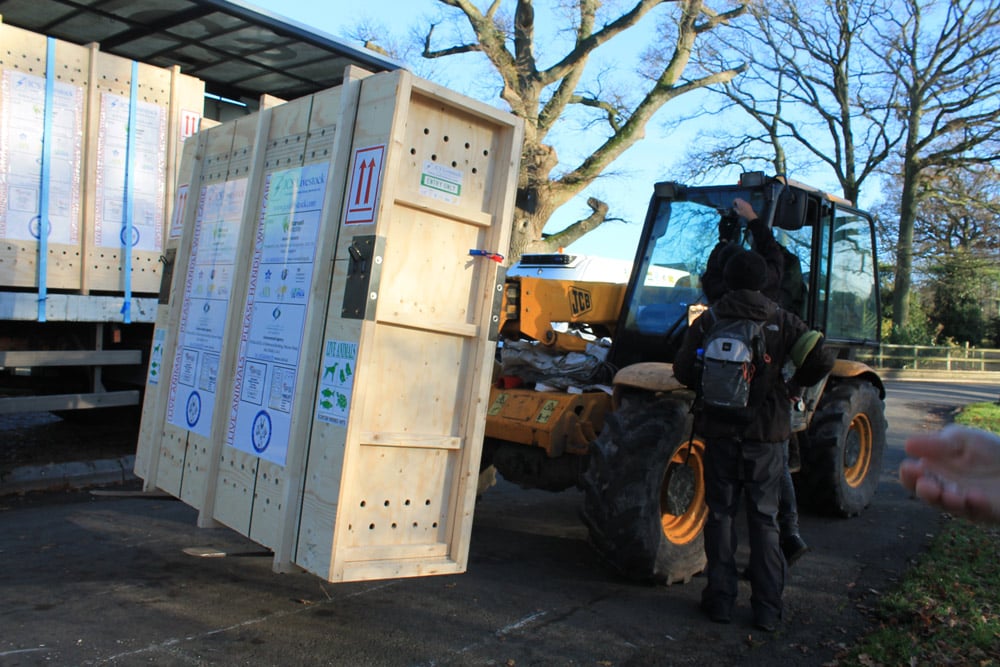 Crates being loaded onto lorry at Marwell, December 2015